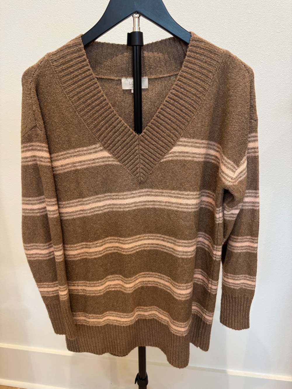 LOFT Brown V-Neck Sweater with Pink Stripes